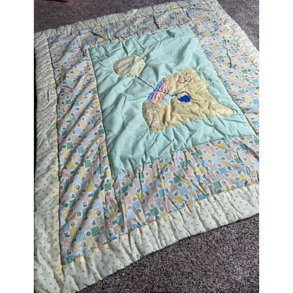 Vintage Corduroy Teddy Bear Balloons Baby Quilt Blanket Nursery Pastel 37 X 32in